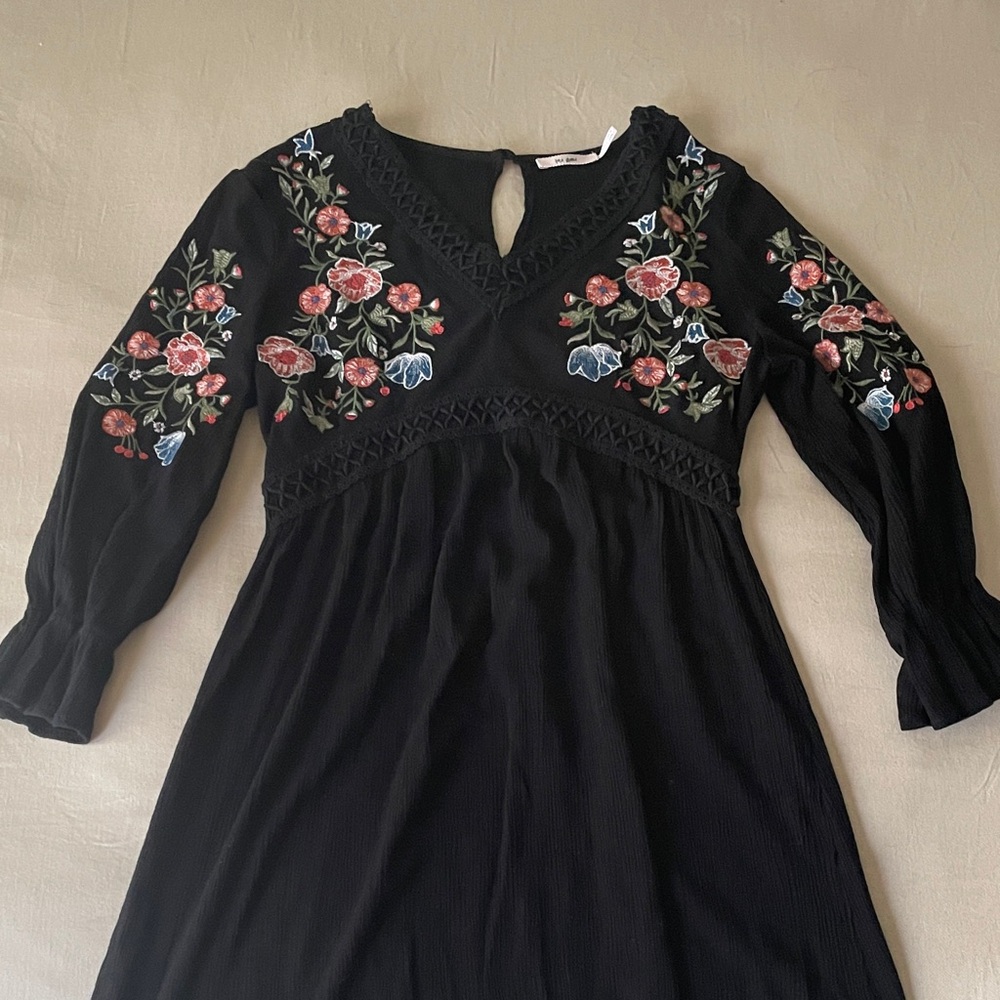 Floral Embroidered Black Kids Dress